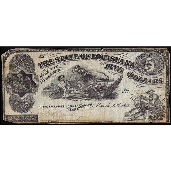 1863 $5 The State of Louisiana Baton Rouge, LA Obsolete Banknote