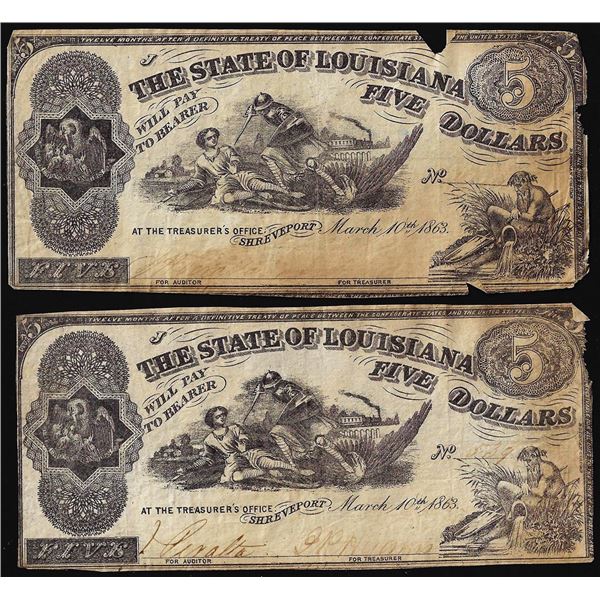 Lot of (2) 1863 $5 The State of Louisiana Baton Rouge, LA Obsolete Banknotes