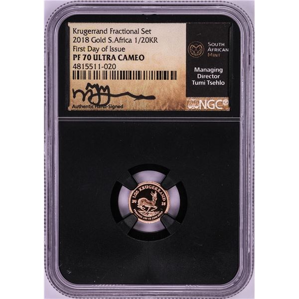 2018 South Africa Proof 1/20 Krugerrand Gold Coin NGC PF70 Ultra Cameo FDOI Signed