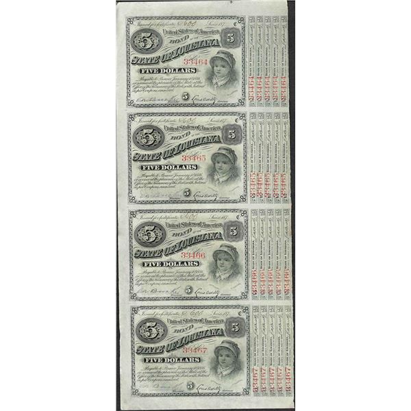 Uncut Sheet of (4) State of Louisiana Baby Bond Obsolete Notes