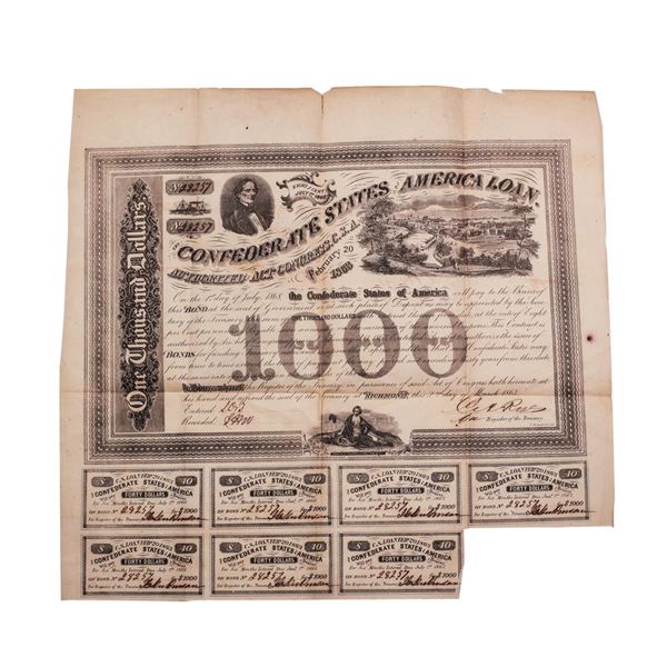 1863 $1,000 Confederate Bond Obsolete Sheet B-134