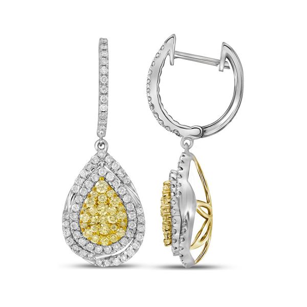 Yellow Diamond Teardrop Dangle Earrings 1-1/2 Cttw 14kt White Gold