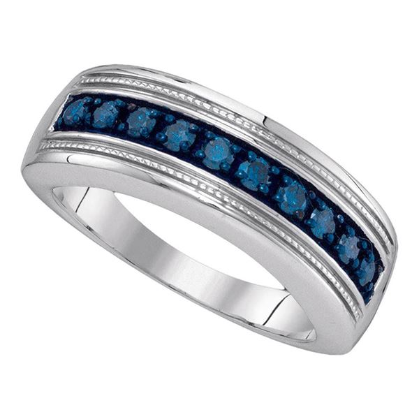 Sterling Silver Mens Blue Color Enhanced Diamond Wedding Anniversary Band 1/2 Cttw Sterling Silver