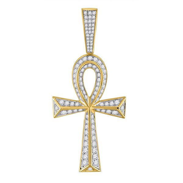 Mens Diamond Ankh Cross Charm Pendant 1-3/4 Cttw 10kt Yellow Gold