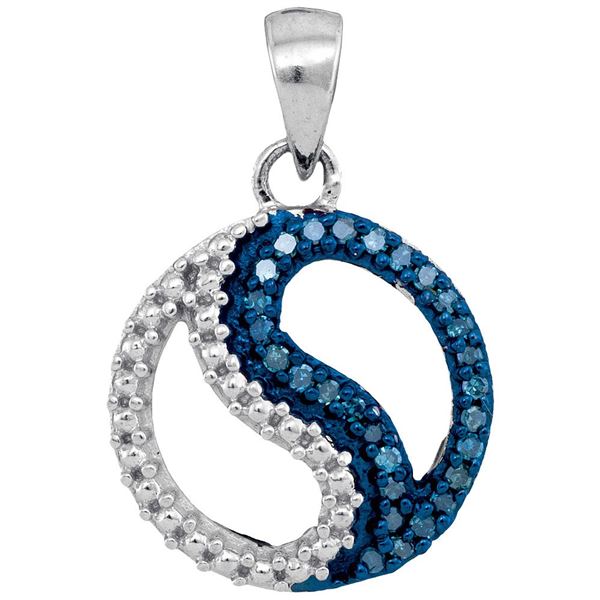 Blue Color Enhanced Diamond Circle Ying Yang Pendant 1/10 Cttw 10kt White Gold