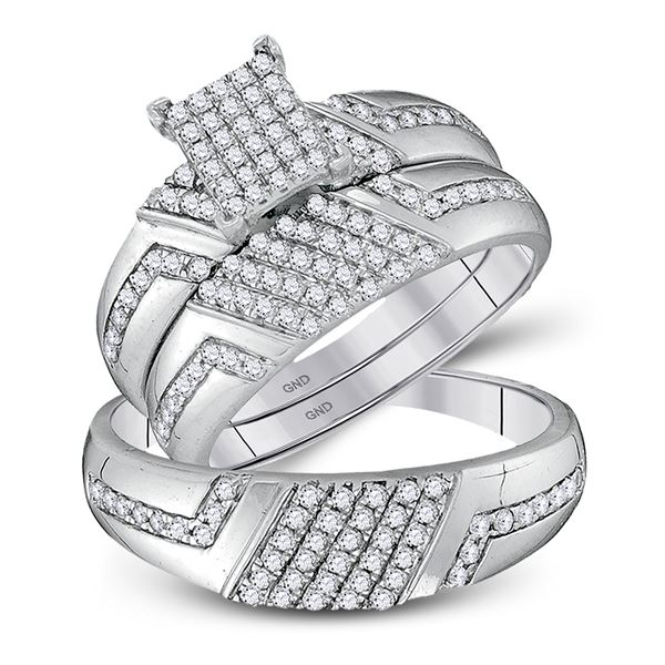 His Hers Diamond Cluster Matching Wedding Set 3/4 Cttw 10kt White Gold