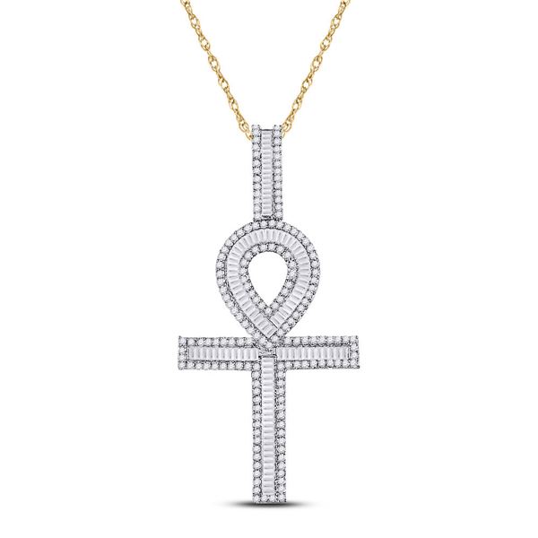 Mens Baguette Diamond Ankh Cross Charm Pendant 1-1/2 Cttw 10kt Yellow Gold