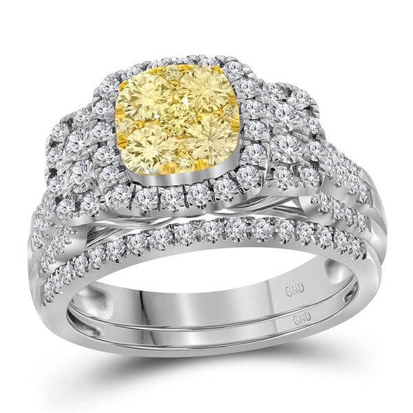 Yellow Diamond Cluster Bridal Wedding Ring Band Set 1 Cttw 14kt White Gold