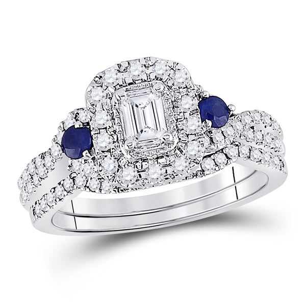 Emerald Diamond Bridal Wedding Ring Band Set 3/4 Cttw 14kt White Gold