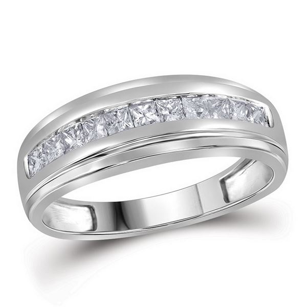 Mens Princess Diamond Single Row Wedding Band Ring 1/2 Cttw 10kt White Gold