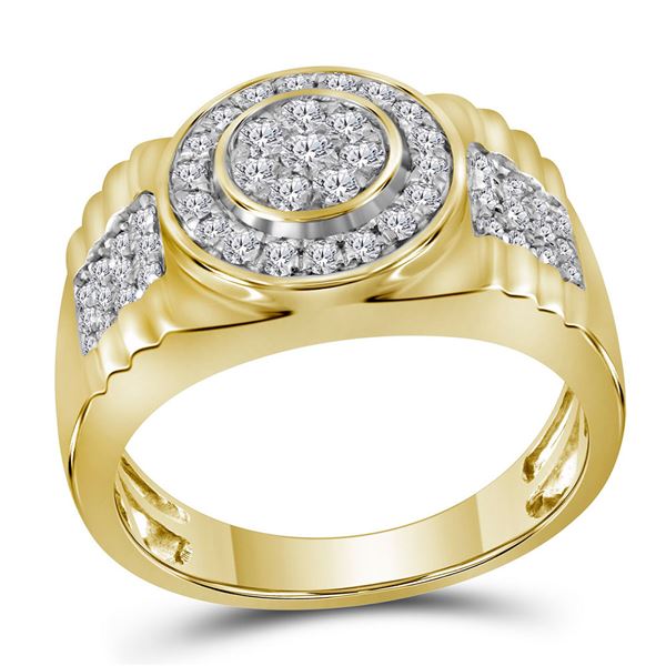 Mens Diamond Concentricle Circle Flower Cluster Ring 7/8 Cttw 10kt Yellow Gold