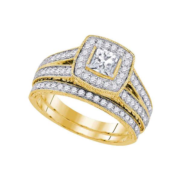 Diamond Princess Halo Bridal Wedding Ring Band Set 1-1/4 Cttw 14kt Yellow Gold