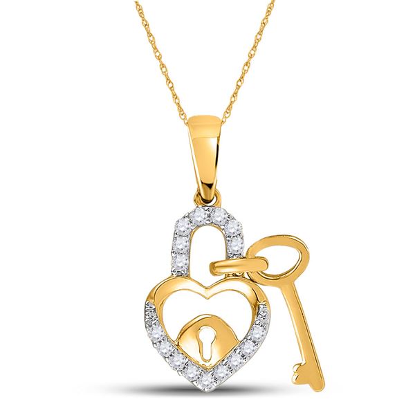 Diamond Heart Lock Key Dangle Pendant 1/10 Cttw 10kt Yellow Gold