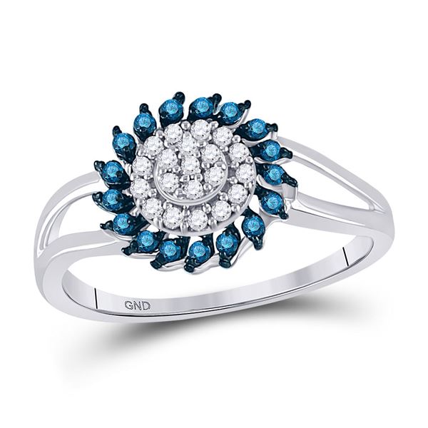 Blue Color Enhanced Diamond Circle Frame Cluster Ring 1/4 Cttw 10kt White Gold