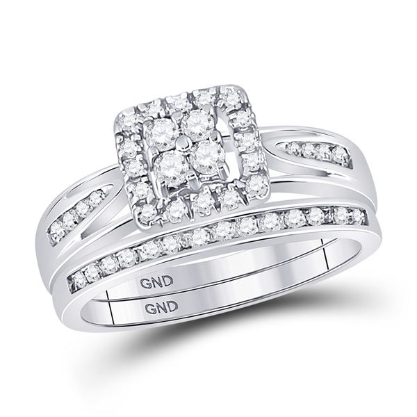 Diamond Cluster Bridal Wedding Ring Band Set 1/2 Cttw 10kt White Gold