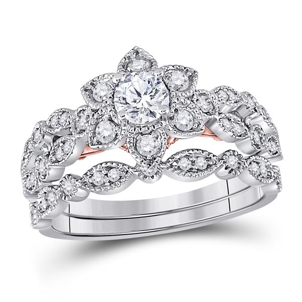 Diamond Flower Bridal Wedding Ring Band Set 3/4 Cttw 14kt Two-tone Gold
