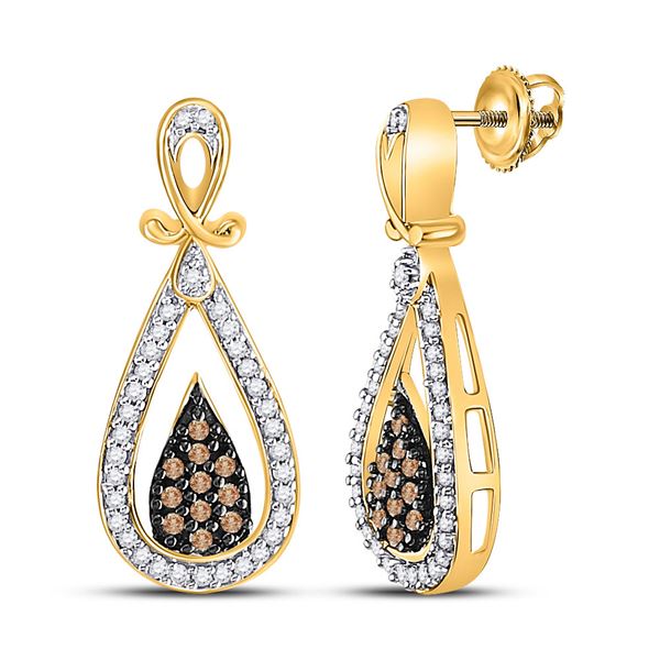 Brown Diamond Teardrop Dangle Earrings 1/3 Cttw 10kt Yellow Gold