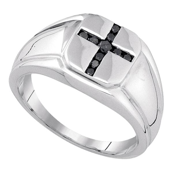 Sterling Silver Mens Black Color Enhanced Diamond Cross Religious Ring 1/4 Cttw Sterling Silver