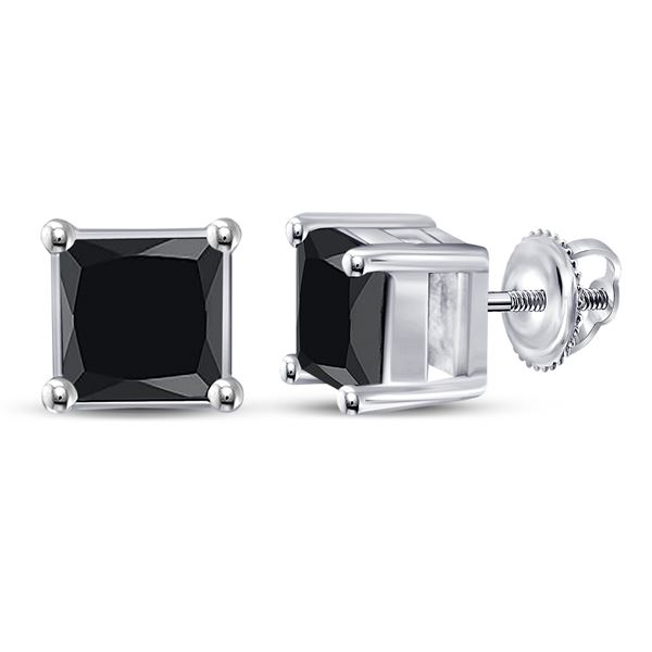 Mens Princess Black Color Enhanced Diamond Stud Earrings 1-1/2 Cttw 10kt White Gold