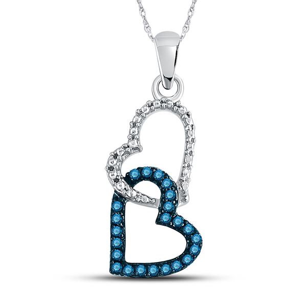 Blue Color Enhanced Diamond Double Heart Dangle Pendant 1/6 Cttw 10kt White Gold