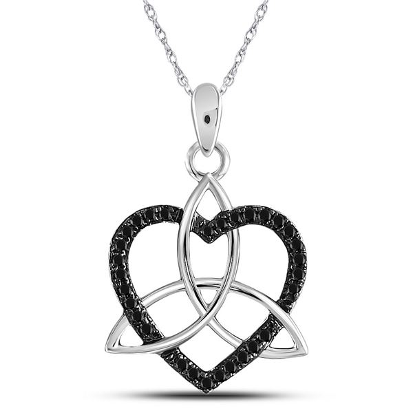 Black Color Enhanced Diamond Triquetra Heart Pendant 1/10 Cttw 10kt White Gold
