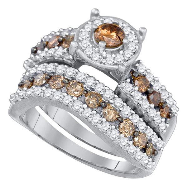 Brown Diamond Bridal Wedding Ring Band Set 1-3/4 Cttw 10kt White Gold