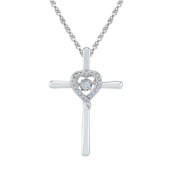Diamond Solitaire Cross Heart Religious Pendant 1/10 Cttw 10kt White Gold