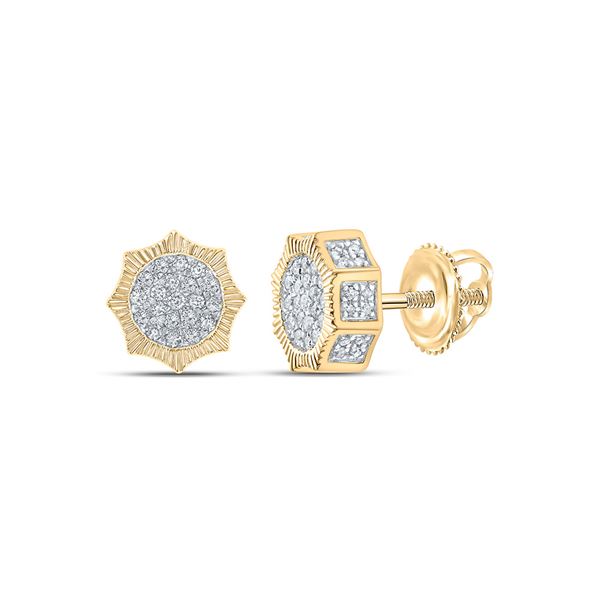 Mens Diamond Starburst 3D Cluster Stud Earrings 3/4 Cttw 10kt Yellow Gold