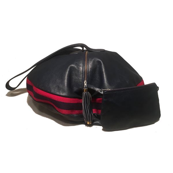 Rare Gucci Vintage Navy Leather Striped Canvas Shoulder Bag