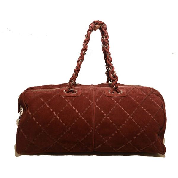 Chanel Maroon Suede Quilted Leather Duffel Tote Bag