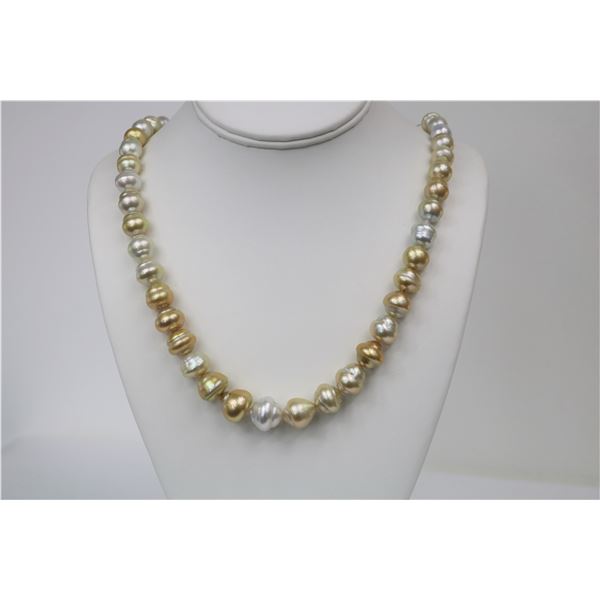 9-13mm South Sea White and Gold Multi Color Circle Baroque Necklace with Gold Clasp