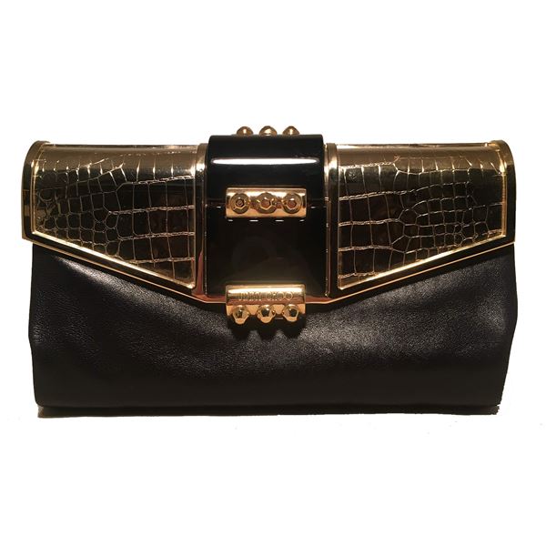 Jimmy Choo Black Leather Gold Alligator Engraved Lift Top Clutch