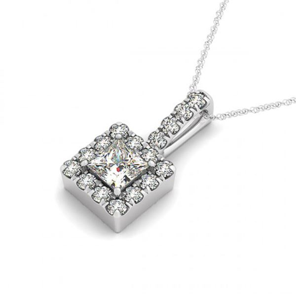 0.8 ctw Princess Certified VS/SI Diamond Halo Necklace 14k White Gold - REF-122A4N