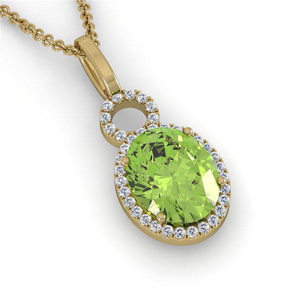 3 ctw Peridot & Micro Pave Halo VS/SI Diamond Necklace 14k Yellow Gold - REF-41N6F