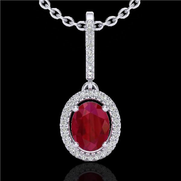 2 ctw Ruby & Micro Pave VS/SI Diamond Necklace Halo 18k White Gold - REF-55F2M