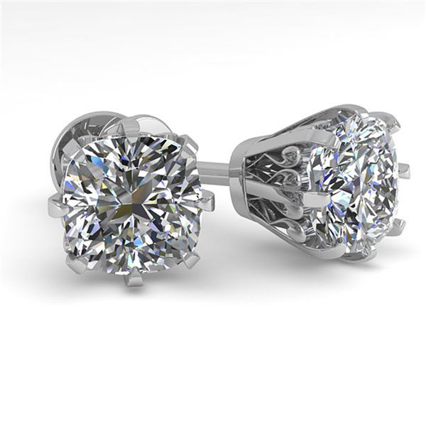 1.0 ctw VS/SI Cushion Cut Diamond Stud Earrings 18k White Gold - REF-147W2H