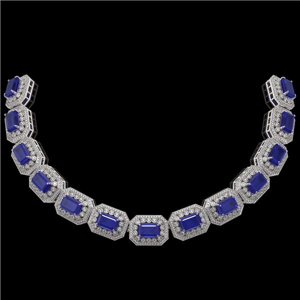 137.65 ctw Sapphire & Diamond Victorian Necklace 14K White Gold - REF-2875X6A