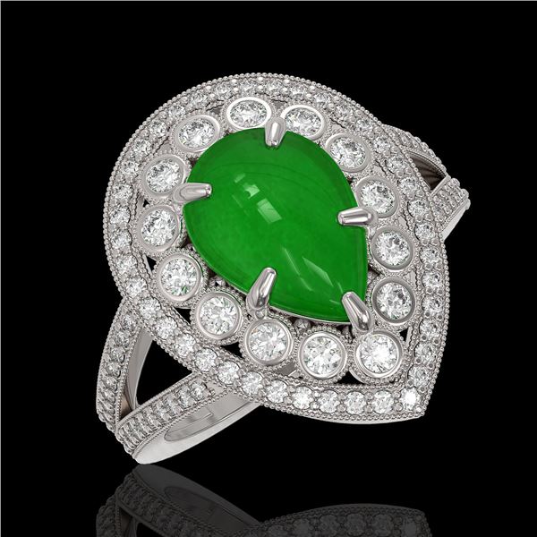 4.12 ctw Jade & Diamond Victorian Ring 14K White Gold - REF-134N4F