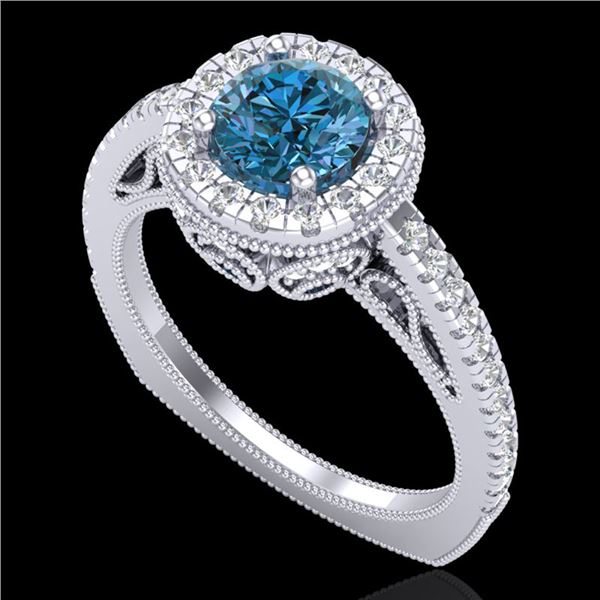 1.55 ctw Fancy Intense Blue Diamond Art Deco Ring 18k White Gold - REF-178M2G
