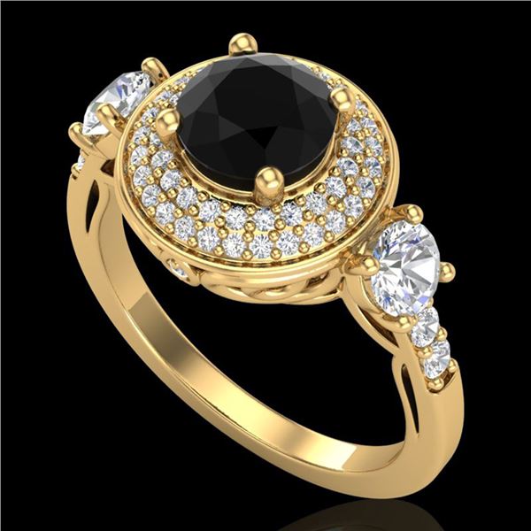 2.05 ctw Fancy Black Diamond Art Deco 3 Stone Ring 18k Yellow Gold - REF-180K2Y