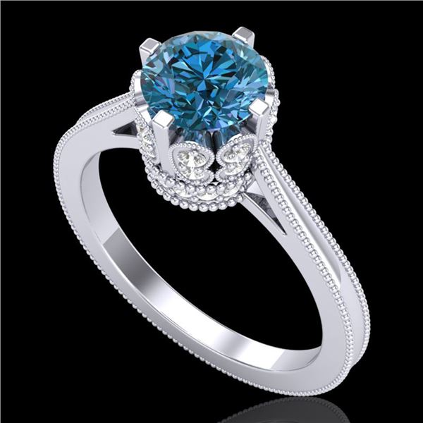 1.5 ctw Fancy Intense Blue Diamond Art Deco Ring 18k White Gold - REF-209A3N