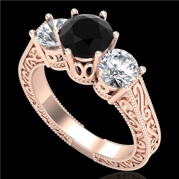 2.01 ctw Fancy Black Diamond Art Deco 3 Stone Ring 18k Rose Gold - REF-241A8N