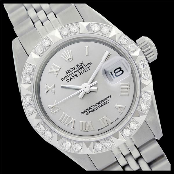 Rolex Ladies Stainless Steel, Roman Dial with Pyrimid Diam Bezel, Sapphire Crystal