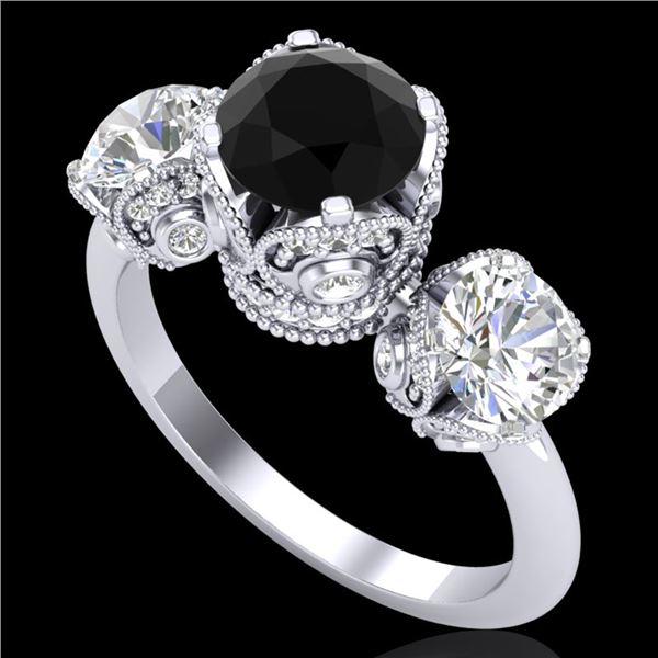 3 ctw Fancy Black Diamond Art Deco 3 Stone Ring 18k White Gold - REF-318Y2X