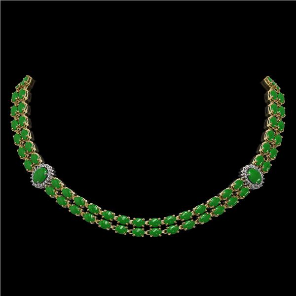 27.65 ctw Jade & Diamond Necklace 14K Yellow Gold - REF-454M5G