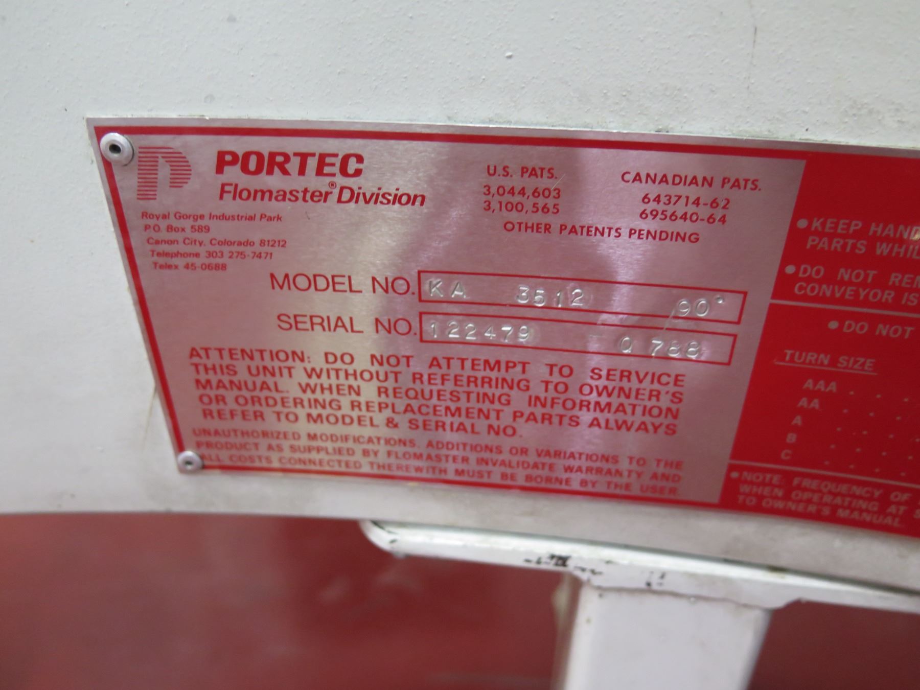 Portec Portec Flomaster Conveyor Section KA 3512 Knife-Edge Belt Curve 72