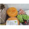 Image 14 : Multiple Woven Baskets, Metal Shelf Pieces, Ikea Mesh Storage, Artificial Fruit, Rope, etc
