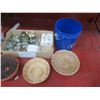 Image 28 : Multiple Woven Baskets, Metal Shelf Pieces, Ikea Mesh Storage, Artificial Fruit, Rope, etc