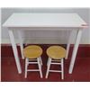 Image 1 : White Wooden Table 39"x19"x 36"H w/ 2 Round Stools 12" Diameter x 20"H