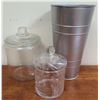 Image 1 : Qty 2 Glass Canisters w/ Lids 8" & 10"H w/ Tall Metal Bucket 14"H